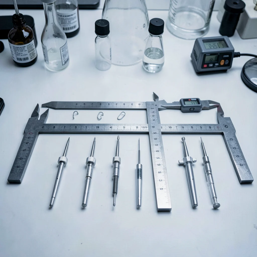 Precise geometric composition, industrial clarity, Laboratory workspace with pre