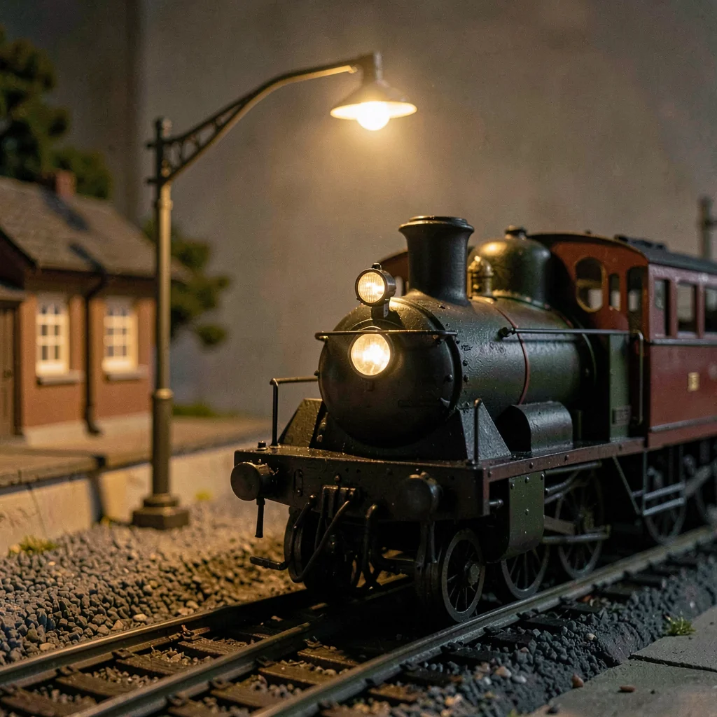 Vertical of a locomotive nose under a tiny station lamp on a layout, warm dim gl