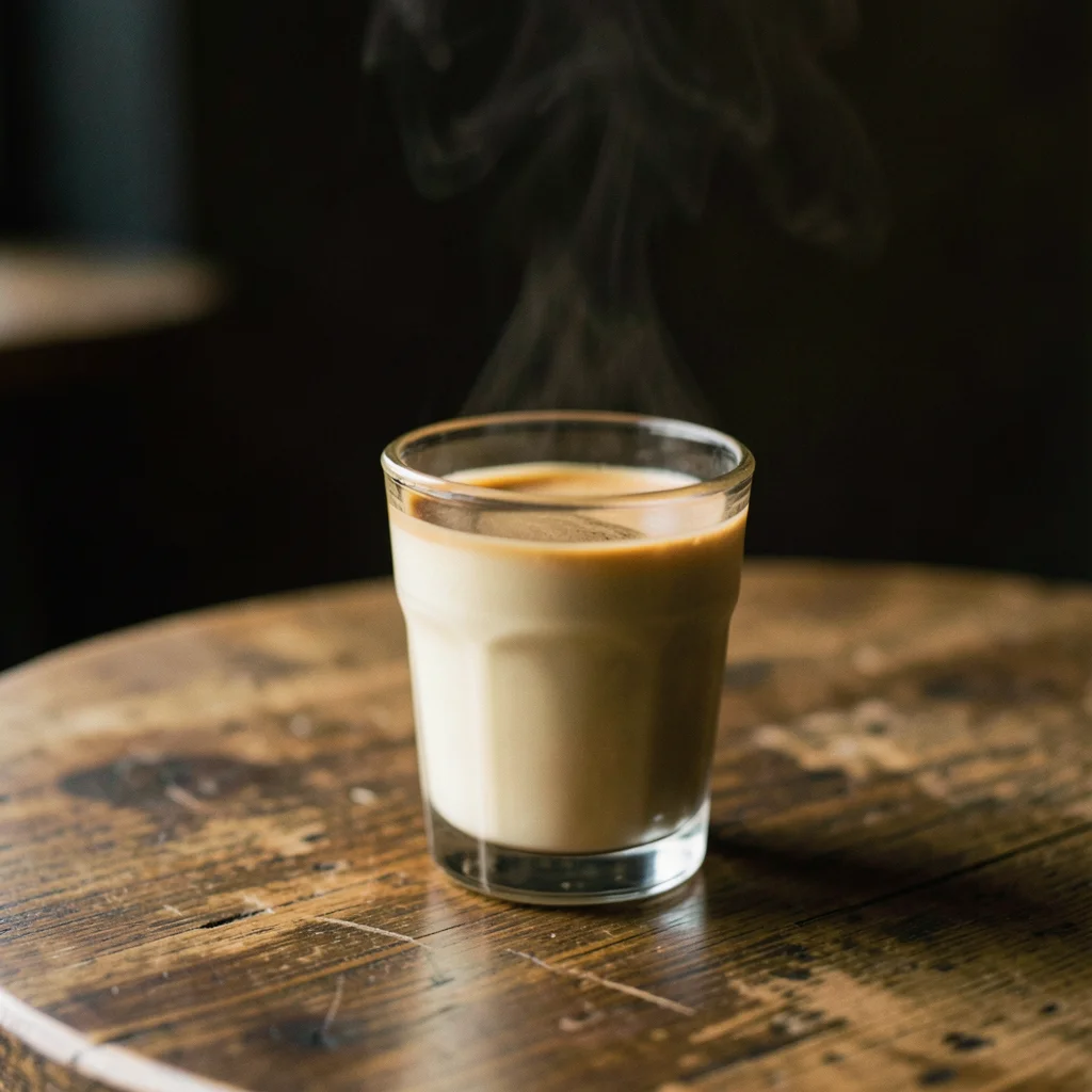 A cortado in a small glass on a worn wooden café table, the perfect proportion o