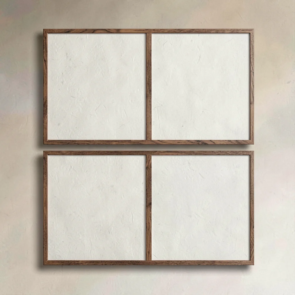 Editorial composition of two stacked frame plates split by a thin walnut rule