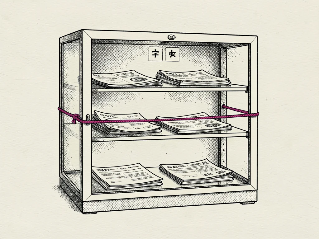 Pen-and-ink rendering of a glass cabinet labelled only by symbols, transparent s