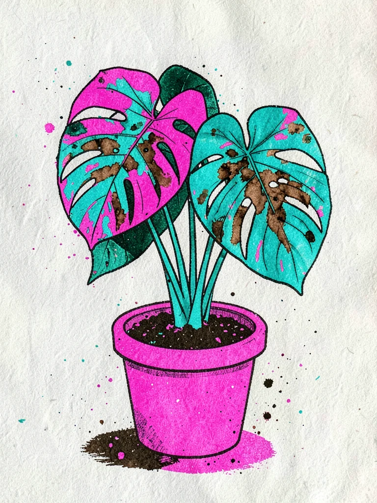 A potted monstera plant in fluorescent pink and teal — overprint creates brown a