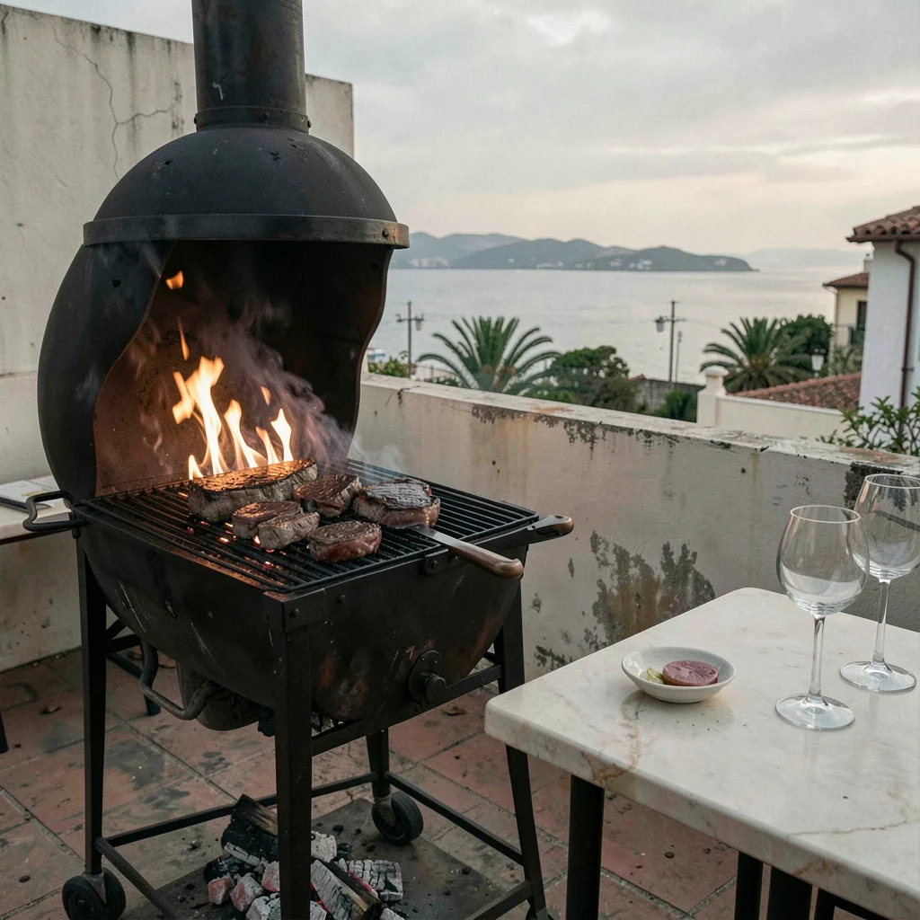 Quietly elegant photograph with Uruguayan sensibility, Asado grill with coals gl