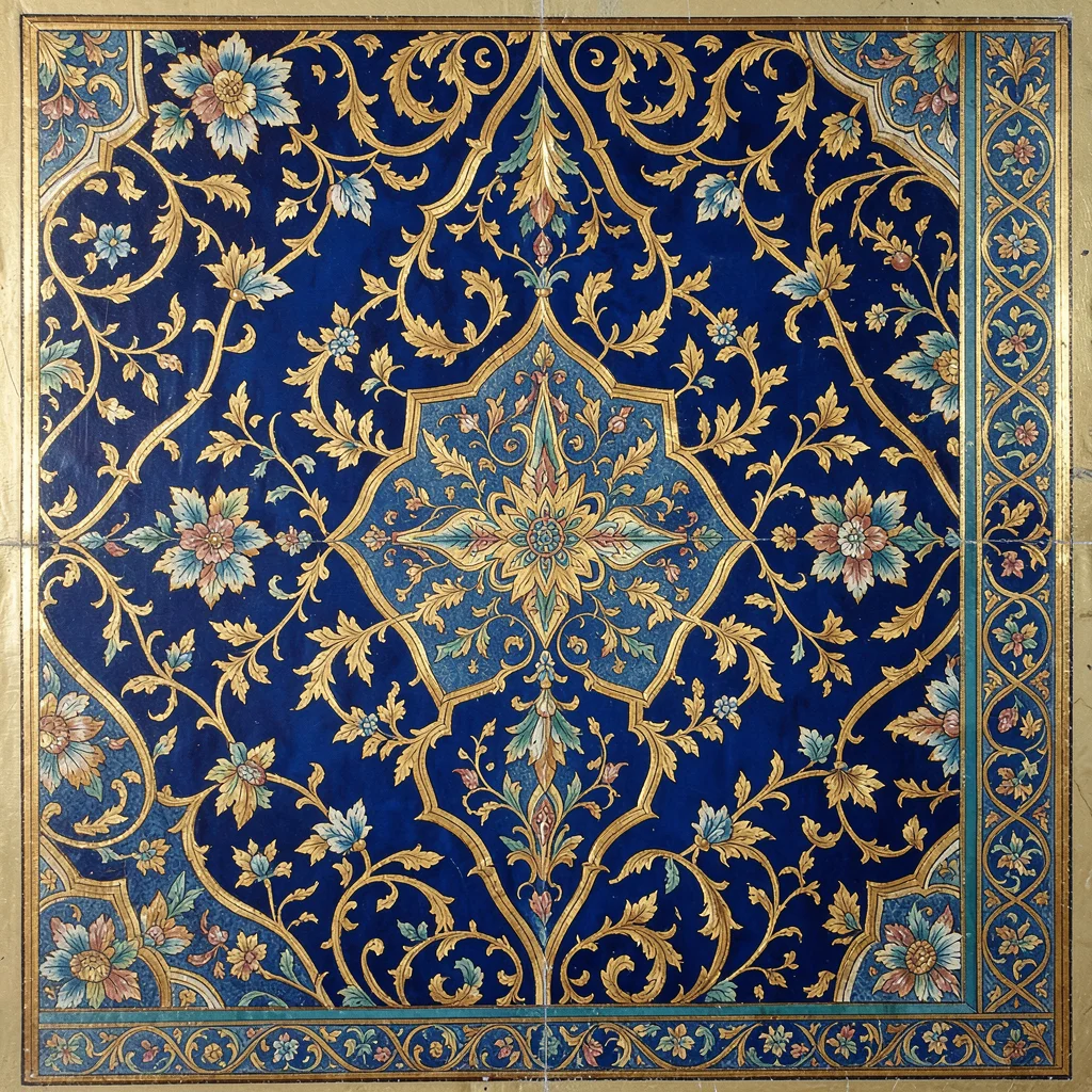 Detail of a richly patterned textile — interlocking medallion and arabesque