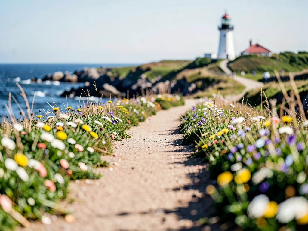 Coastal path from near wildflowers to lighthouse