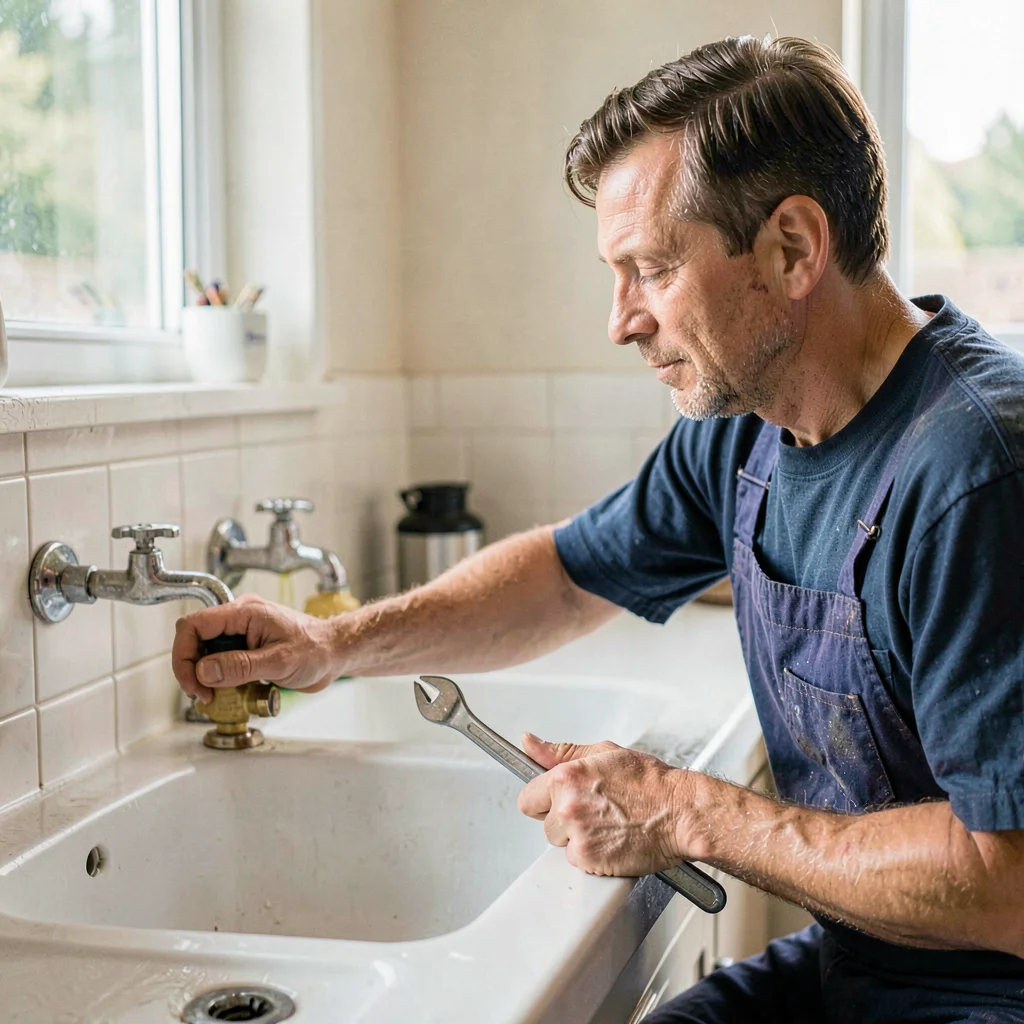 Soft daylight portrait of a plumber turning a shutoff valve under a sink with on