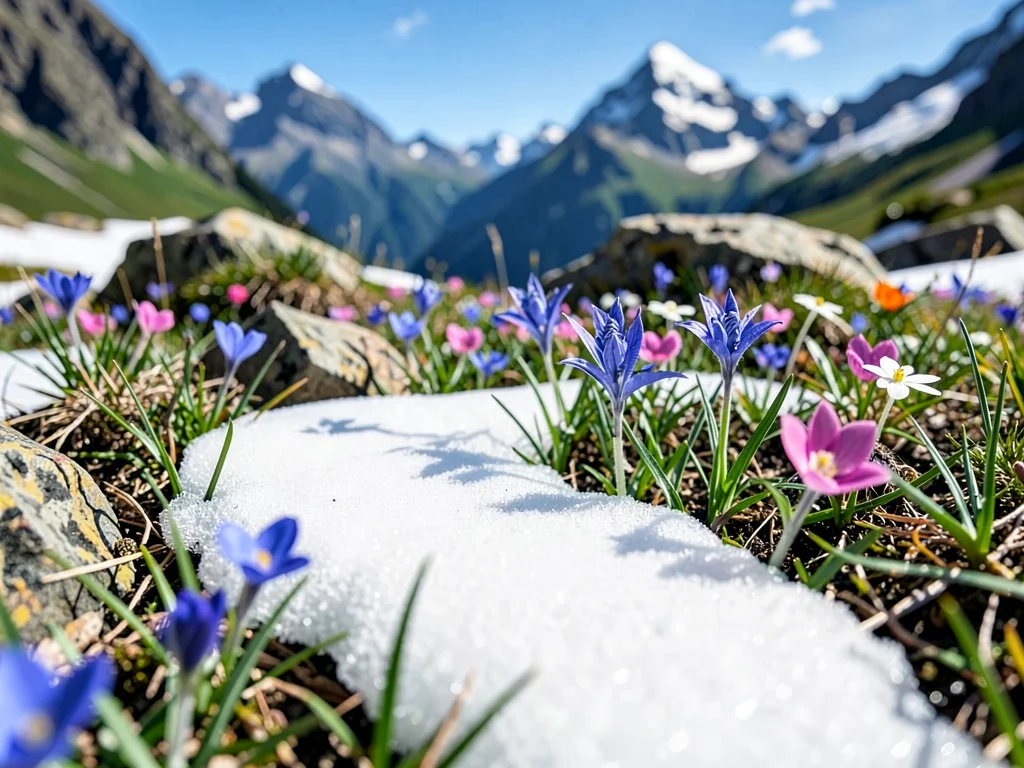 Wildflower meadow with last snow patch