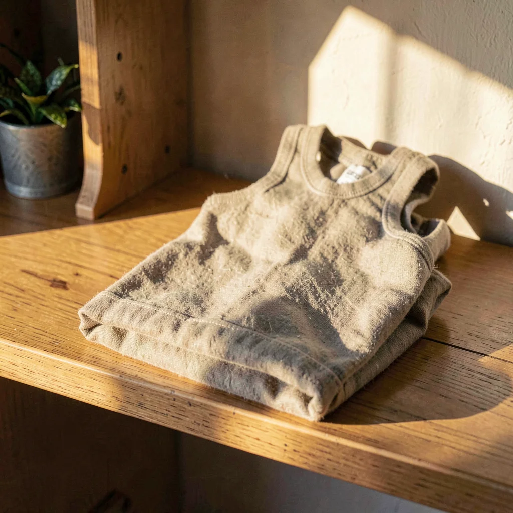 Warm hero of a folded children's overall on a sunlit oak shelf, raking afternoon