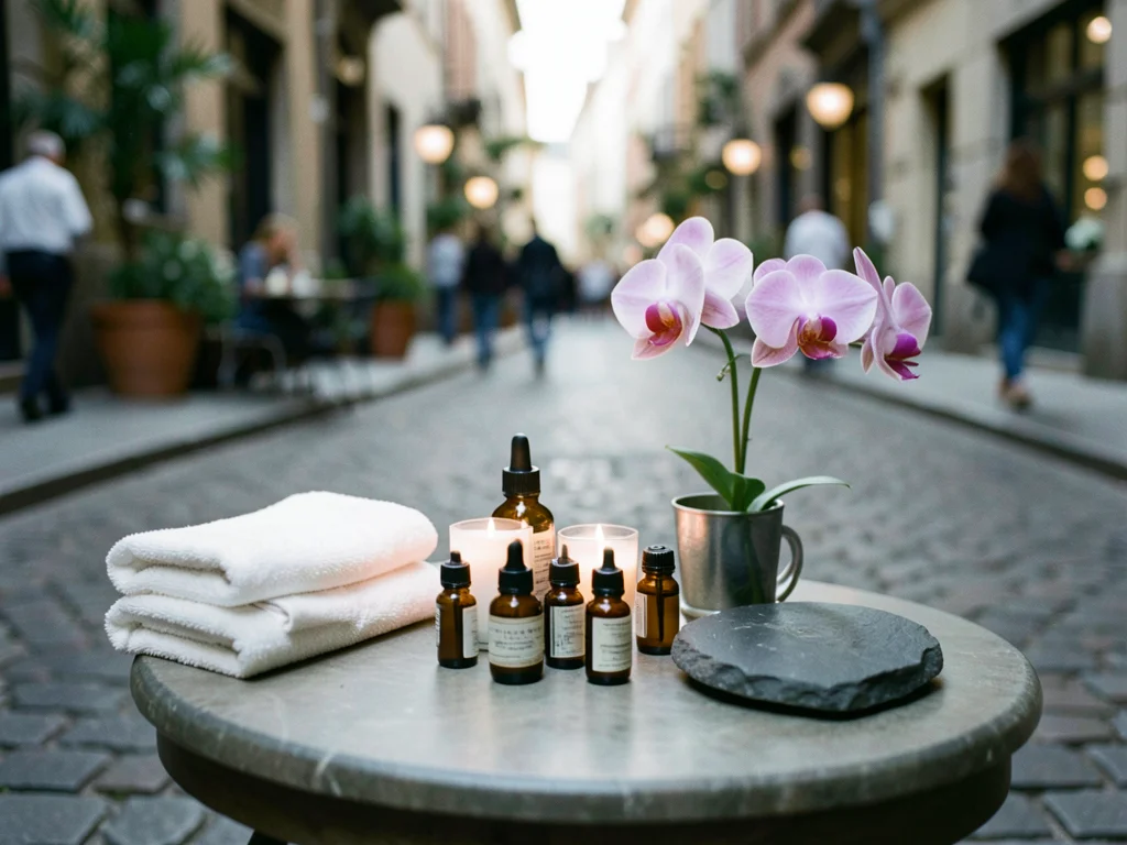 Spa setting with candles, essential oils, towels, orchid, slate stone