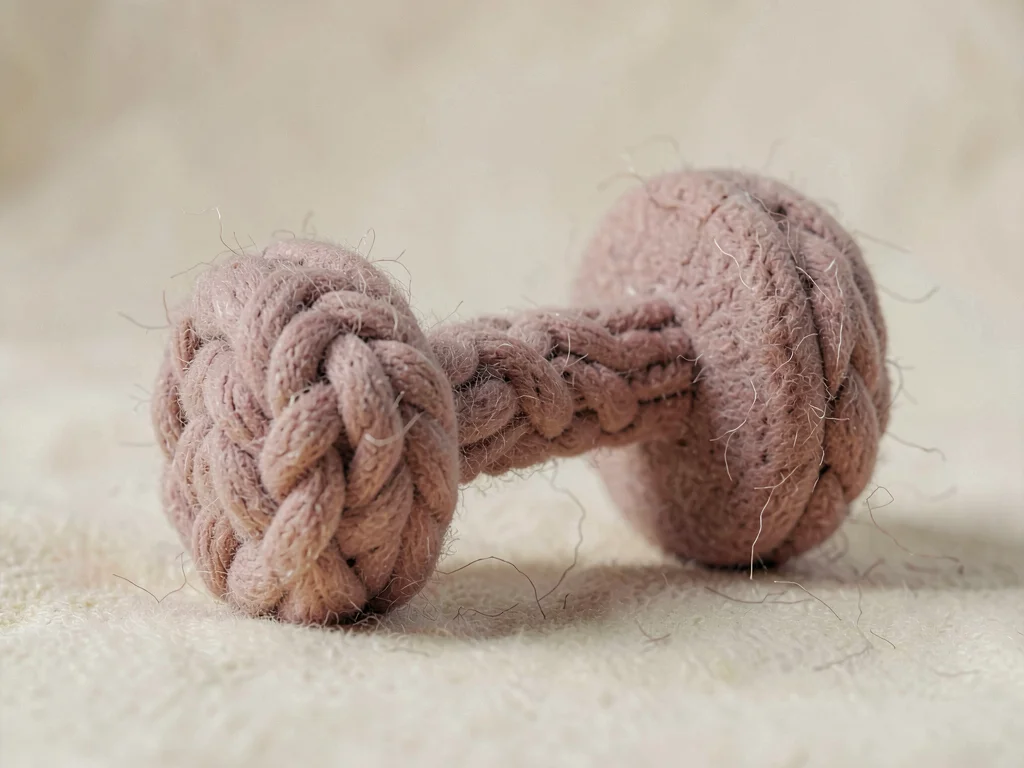 Bell-bottomed dusty-rose knit dumbbell with chunky cable-knit weights and a ribb