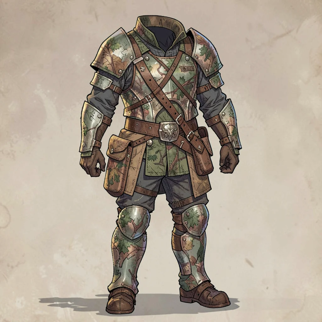 Fantasy armor illustration, a ranger's practical armor with camouflage patterns 