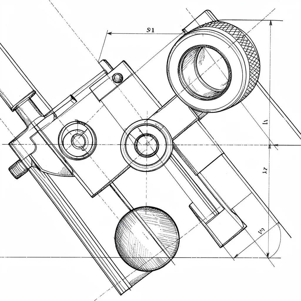 Blueprint study of a laser cutter optics path with mirrors and focal lens, techn