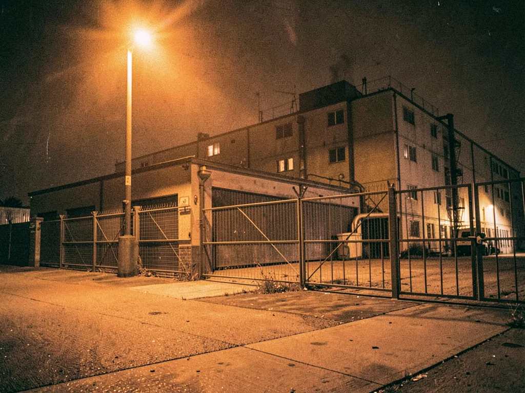 Industrial facility at night, orange-lit fences and gates, perimeter security