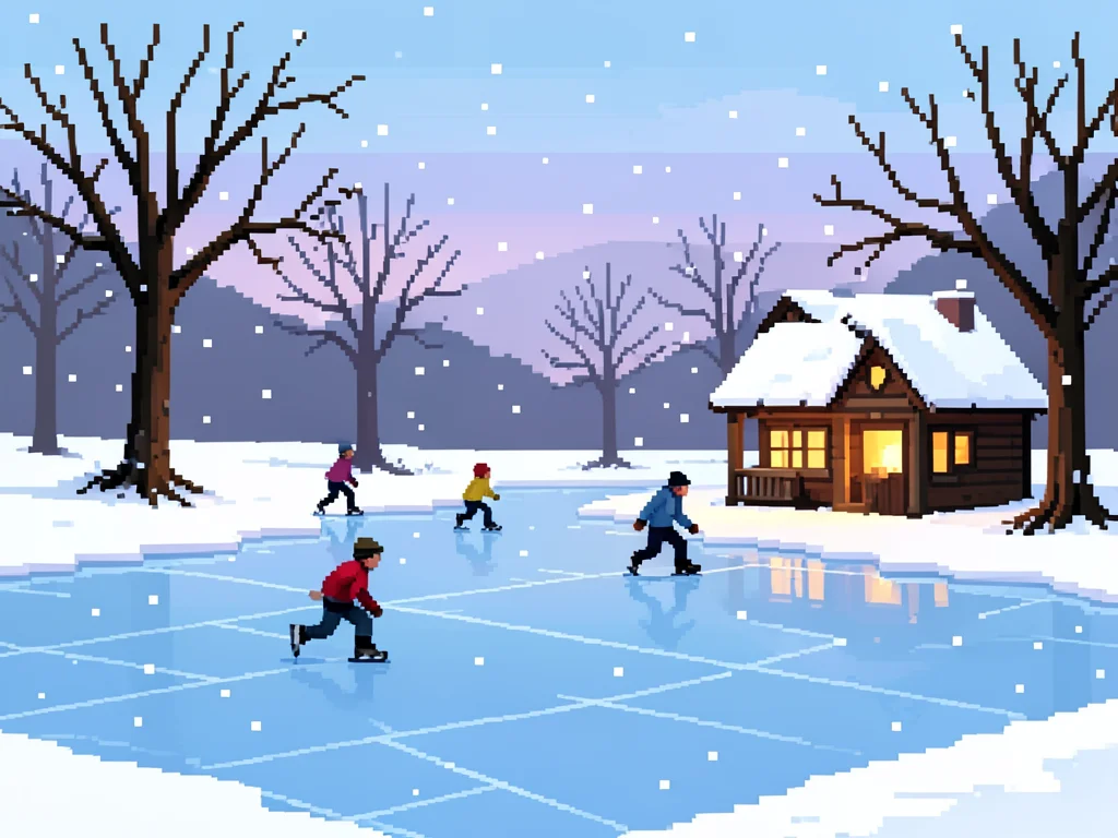 A pixel art snow scene: a frozen lake with ice skaters, a warming hut, bare tree