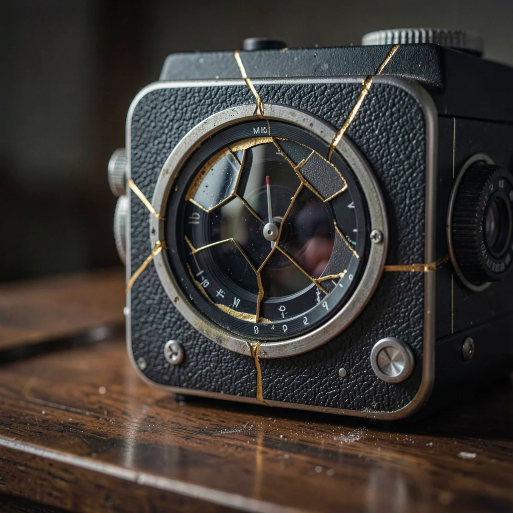 Damaged film camera viewfinder with gold-repaired glass, light meter needle froz