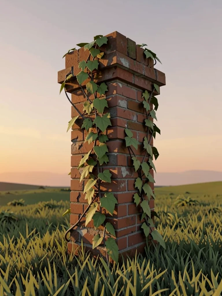 Single brick chimney standing alone in a green meadow with thick vines reaching 