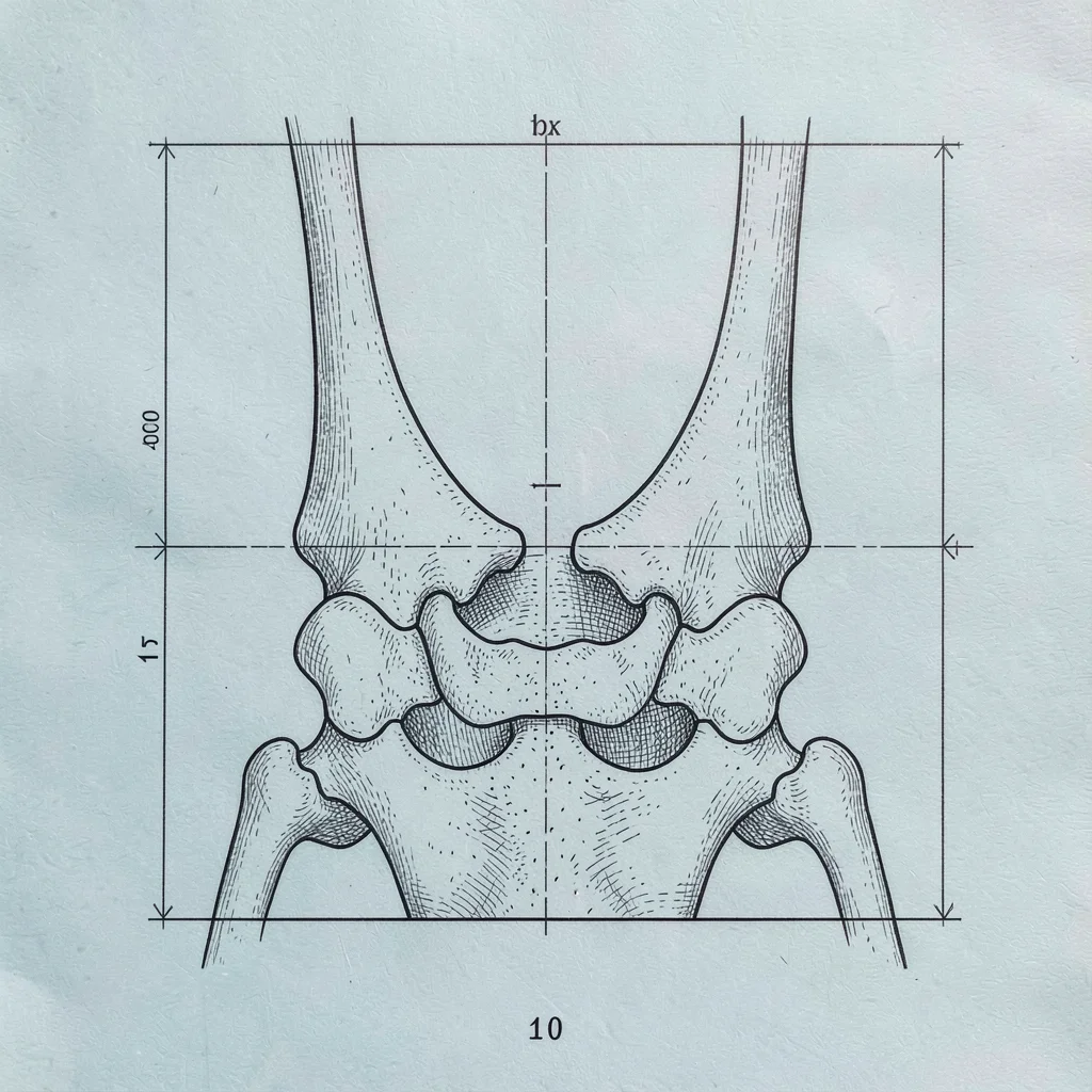 Blueprint cross section of a lower-back lumbar spine, fine ink hatching, calm pa