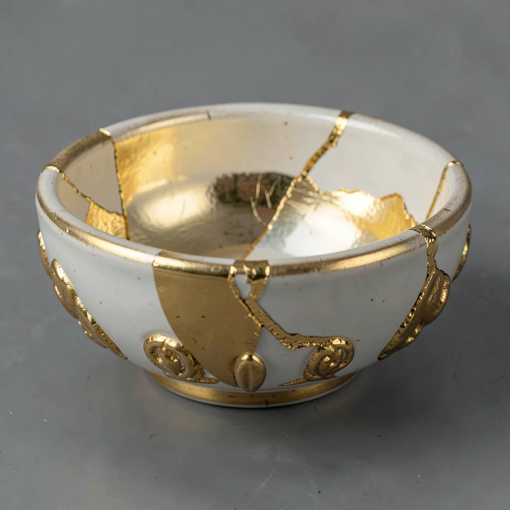 A cracked ceramic bowl repaired at the seams with gold-filled lines