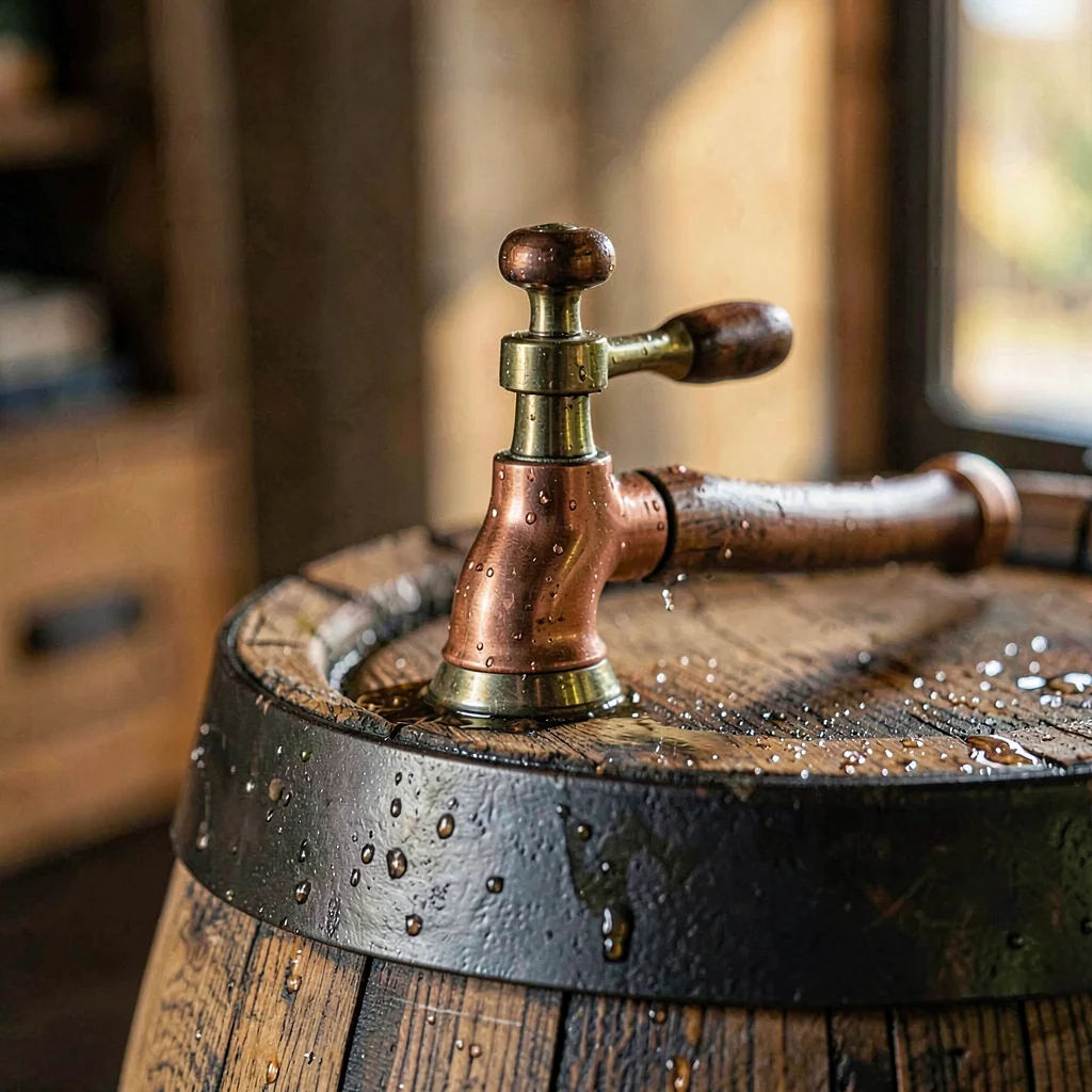 Close-up of a copper tap on an oak cask with condensation beading