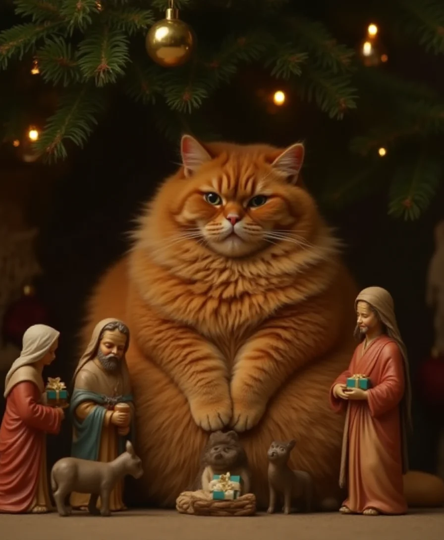 Super fat orange cat sitting in nativity scene und