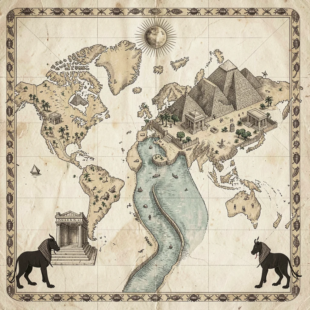 An Egyptian mythological world map showing the Nile threading through pyramids a