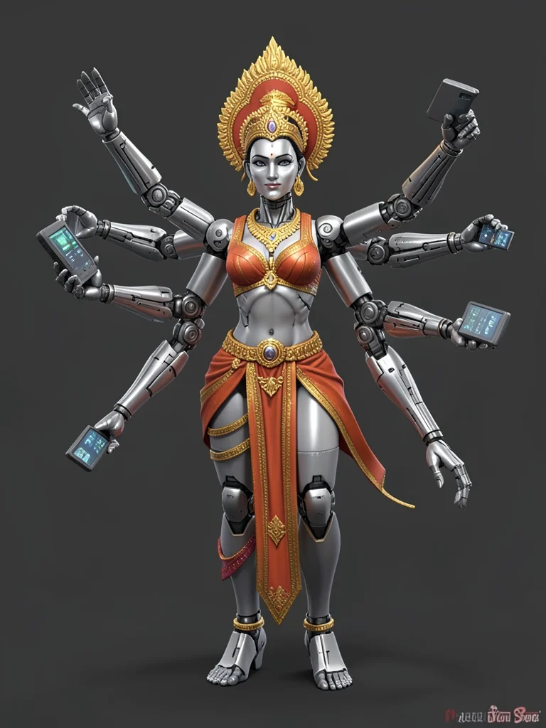 Goddess Durga rendered as android, multiple mechanical arms, each holding tech d