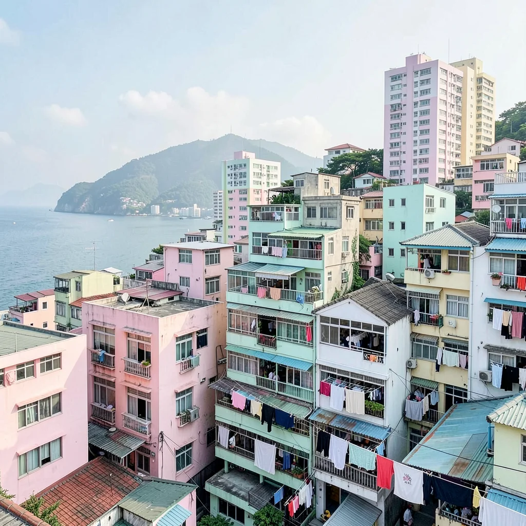 Busan vertical density, hillside village stacking, laundry hanging from balconie