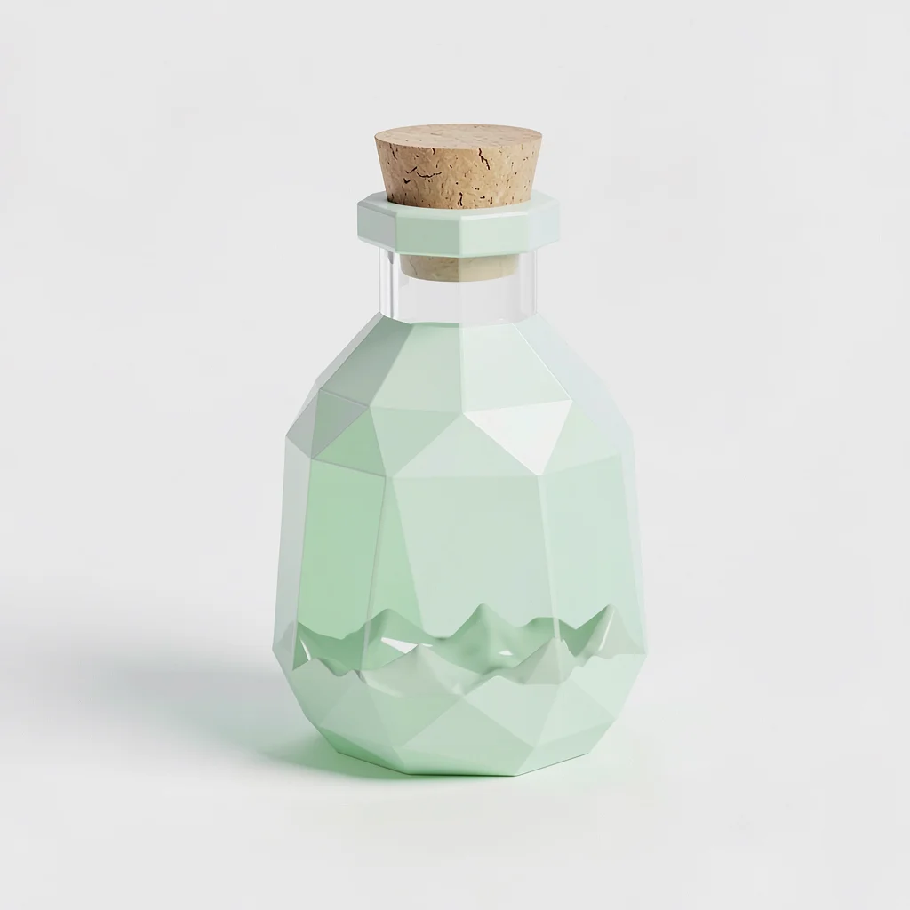 Faceted lowpoly potion bottle centered on plain white background with mint-green