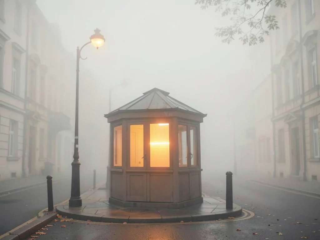 Closed kiosk on a quiet boulevard with a single neon-warm window opposite, every