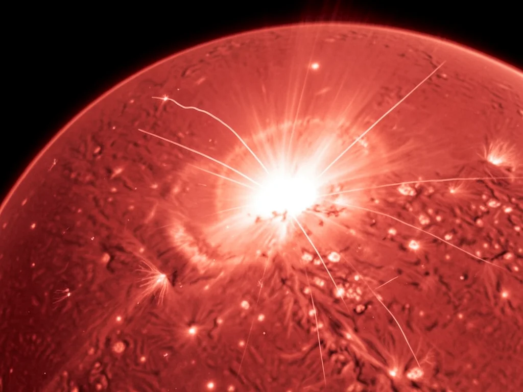Solar flare eruption caught in progress, intense brightening with material eject