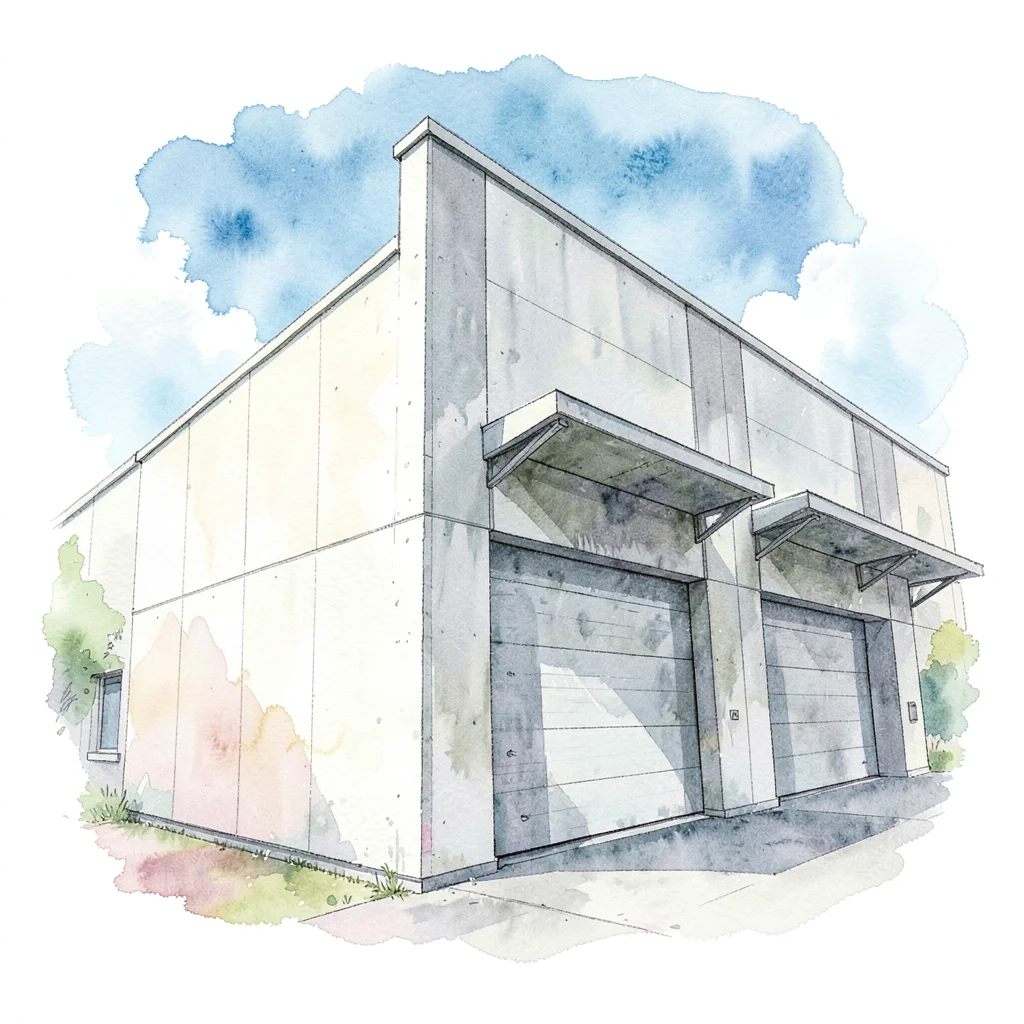 flex industrial building with tilt-up concrete walls and overhead doors