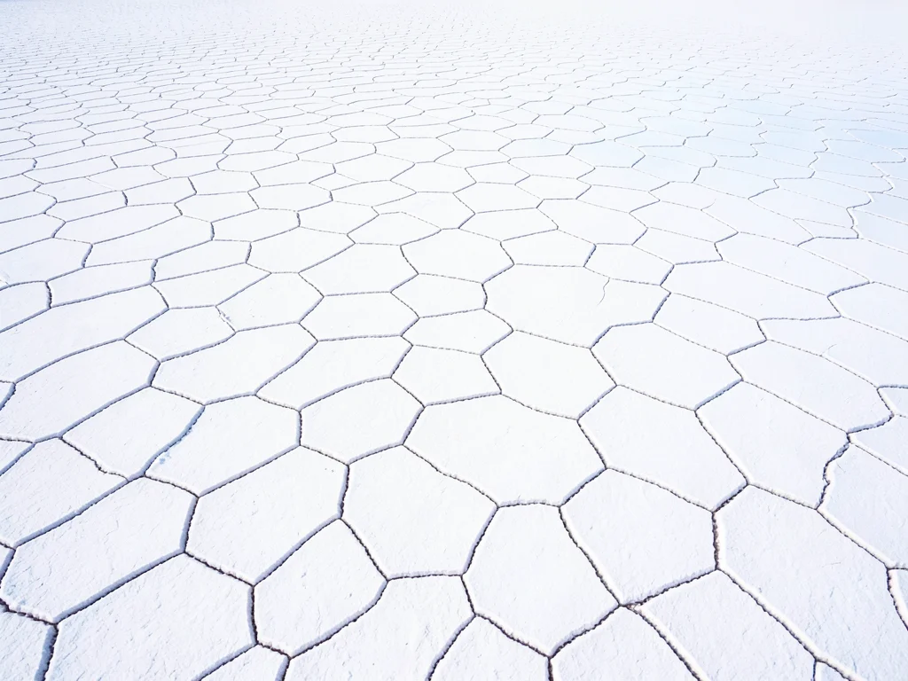 Aerial view of salt flat hexagons — geometric polygon cracking pattern across th