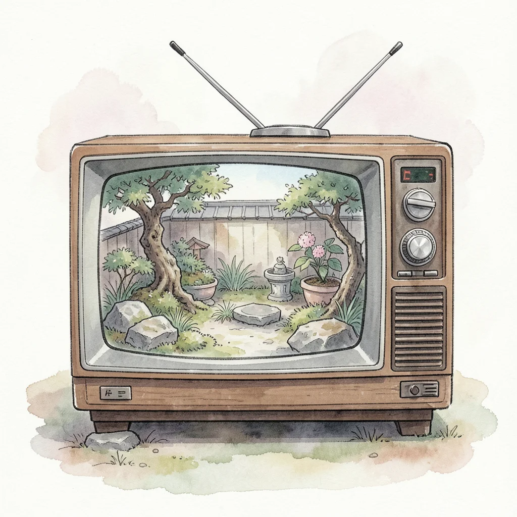 Miniature Japanese garden growing inside old television set