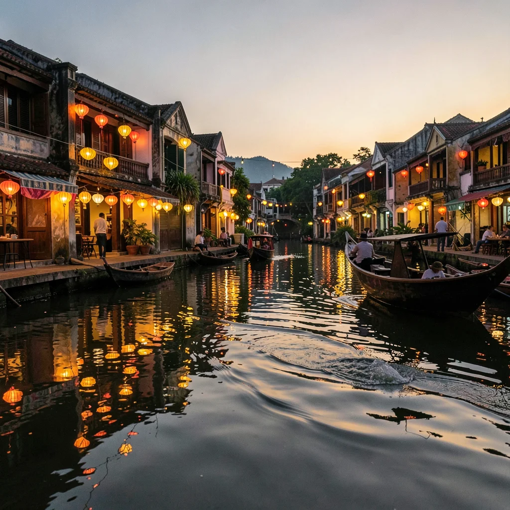 Hoi An lantern glow, silk amber on water, reflection of lantern strings broken b