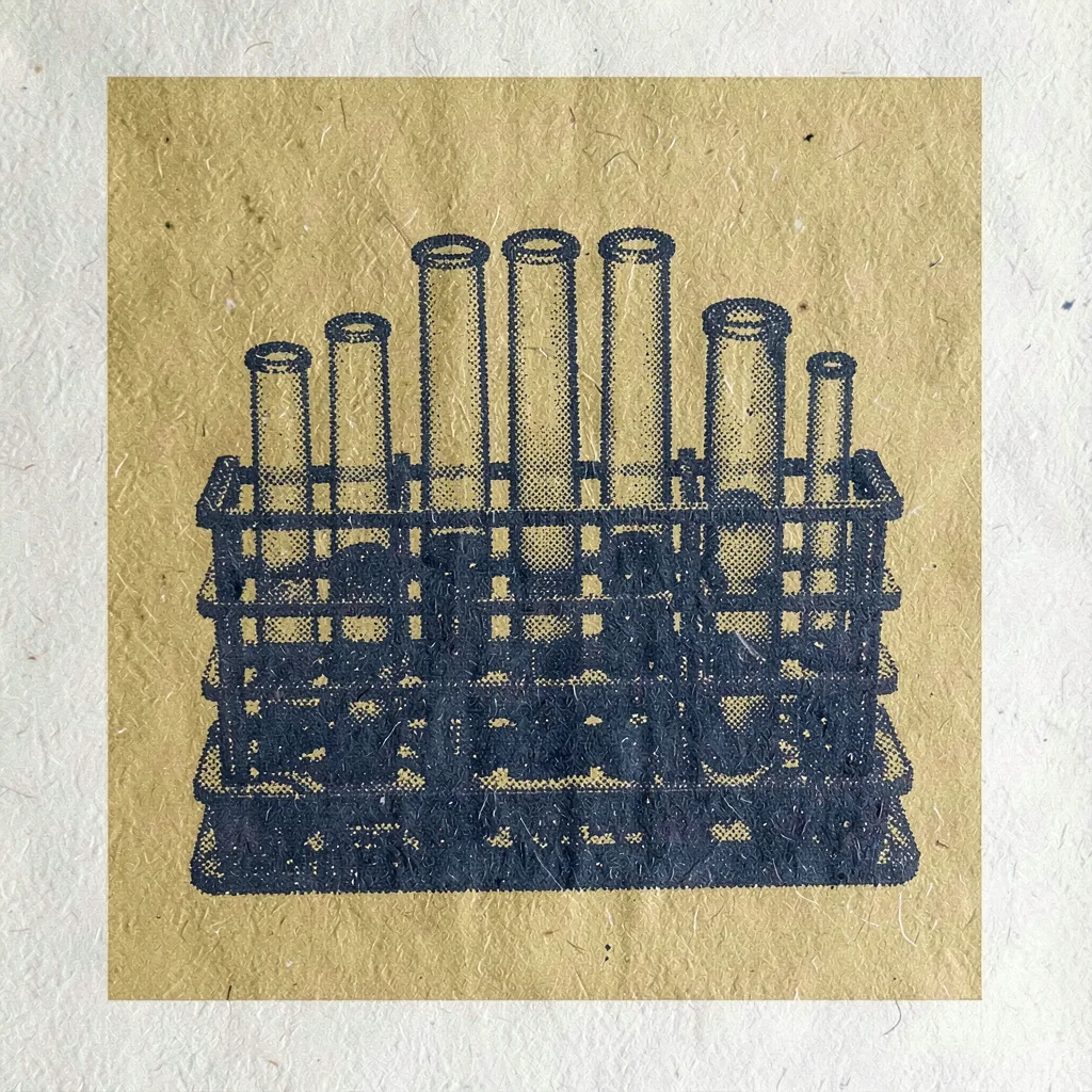Bram-screenpress poster motif of a halftone test tube rack in mustard and indigo