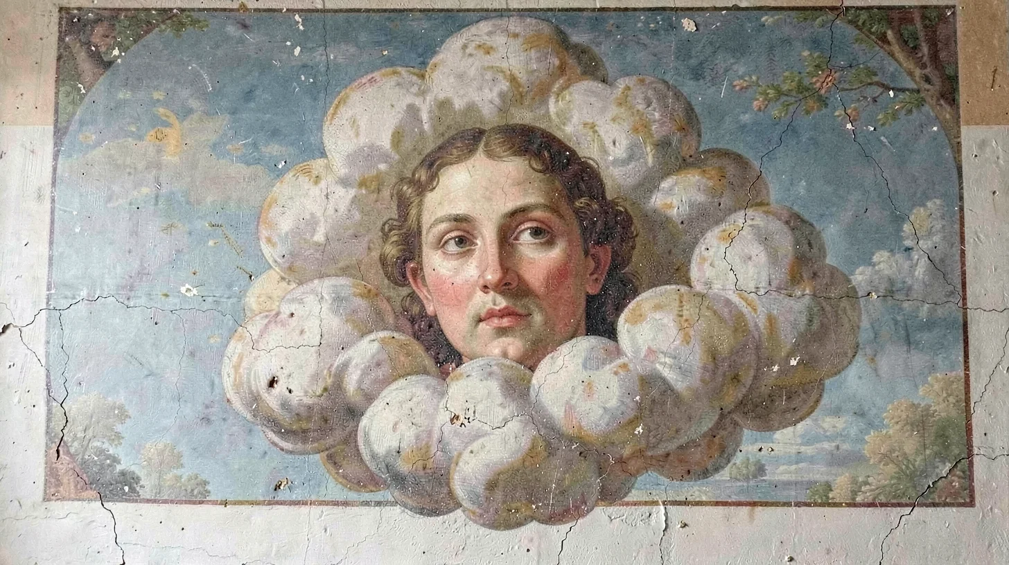 Fresco-style illustration, face emerging from clouds , painted into wet plaster,