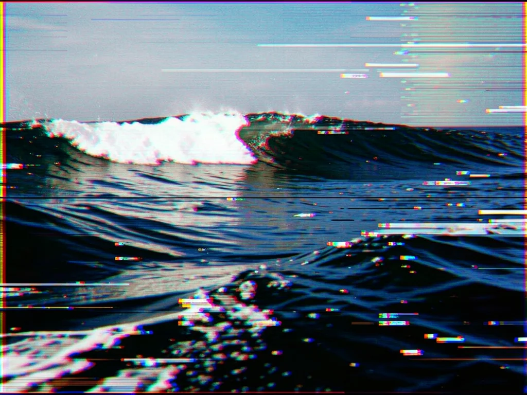 Ocean wave with datamosh temporal blend, motion vectors from a different video f
