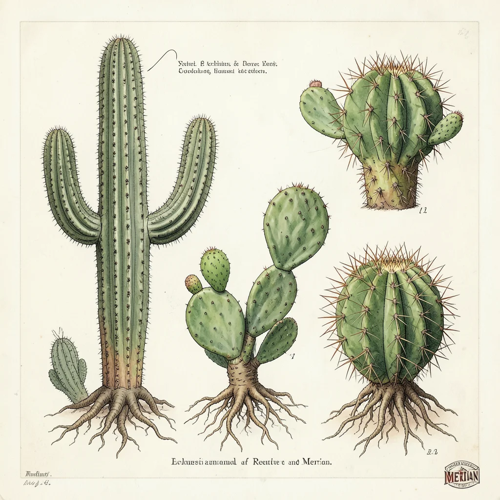 A cactus plate: saguaro showing ribbed structure, prickly pear with fruit, and b
