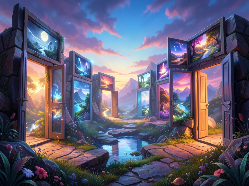 Landscape of curiosity — terrain made of open doors, each revealing different wo