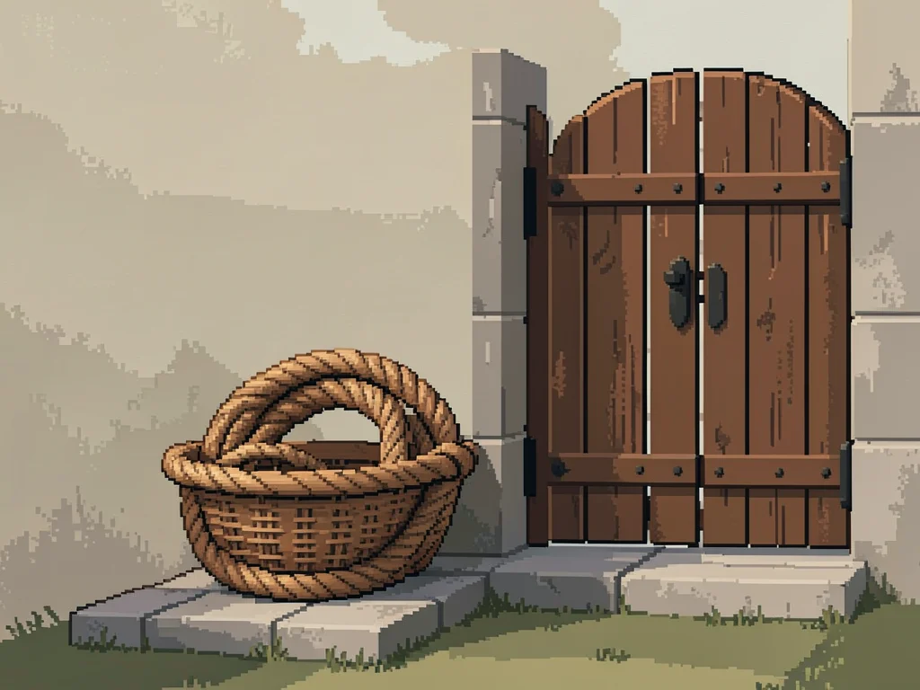 Coiled hemp rope resting in a basket on a stone step beside a closed wooden gate