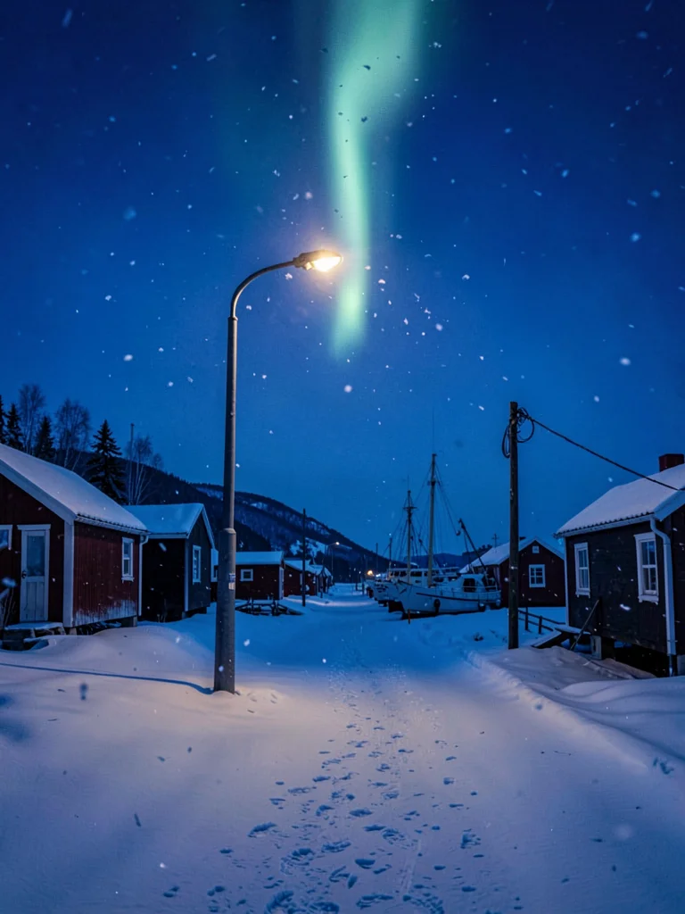 Polar night blue hour in Tromso, Norway, a single street lamp illuminating falli