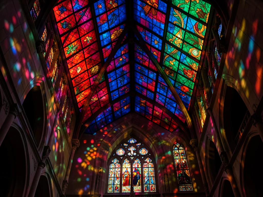 A stained glass ceiling in a historic department store, the entire roof a canopy