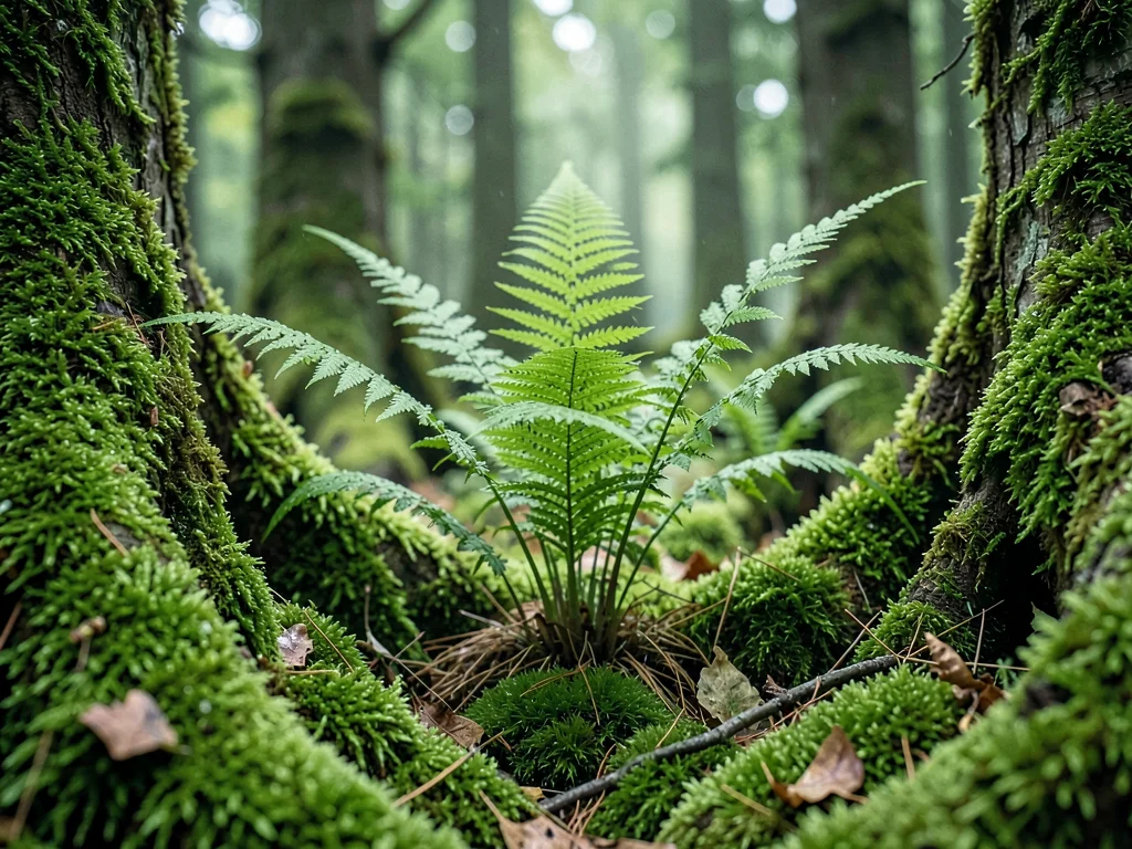 Fern unfurling through moss as emergence