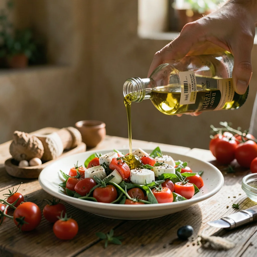 Person pouring golden olive oil from a bottle onto a fresh caprese salad