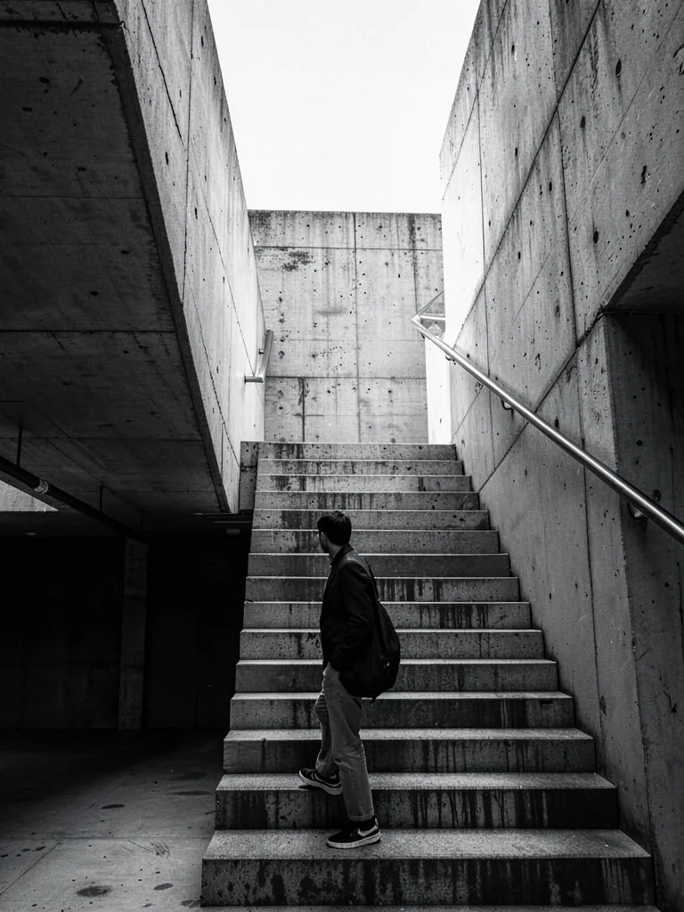 Brutalist staircase with single figure ascending, concrete rhythm interrupted