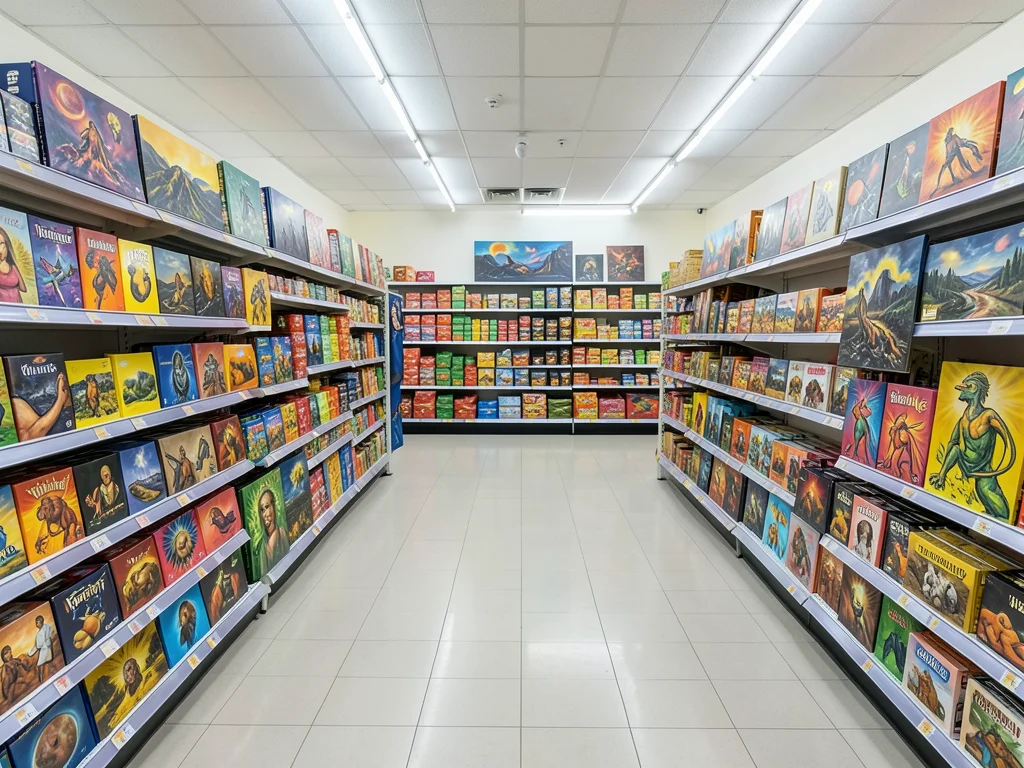 Normal grocery store but all product labels are surrealist paintings