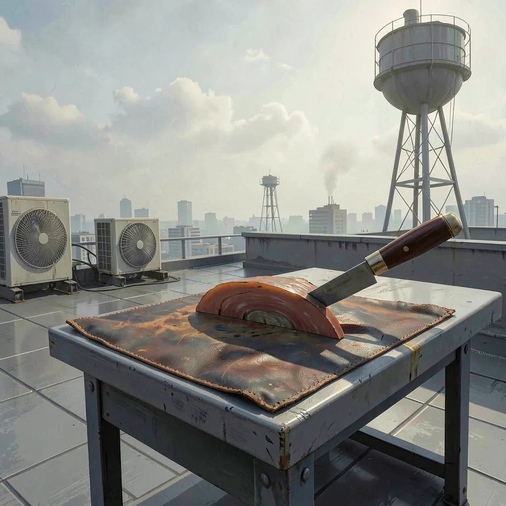 Atmospheric scene of a cutting table with a head-knife mid-cut on a leather pane