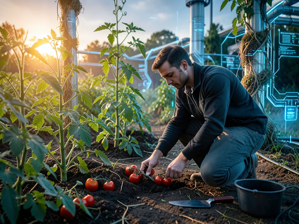 Person kneeling in vegetable garden, planting tomato starts, tools beside them