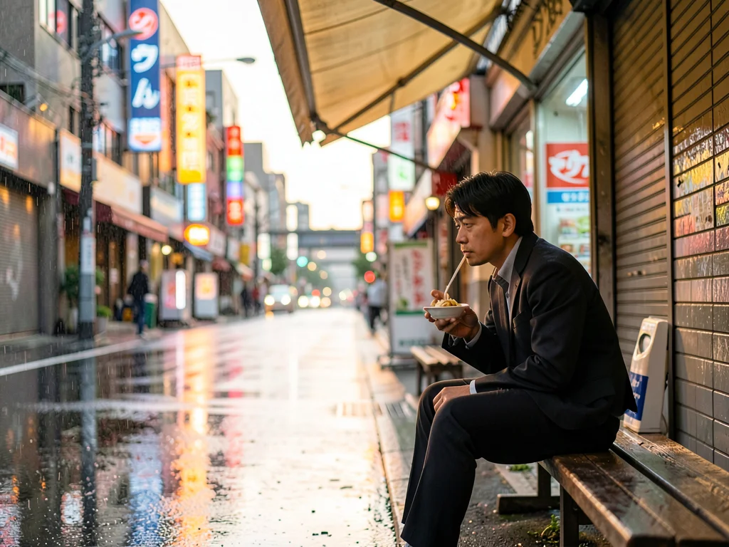 Office worker eating a convenience-store meal on a bench under an awning, lookin