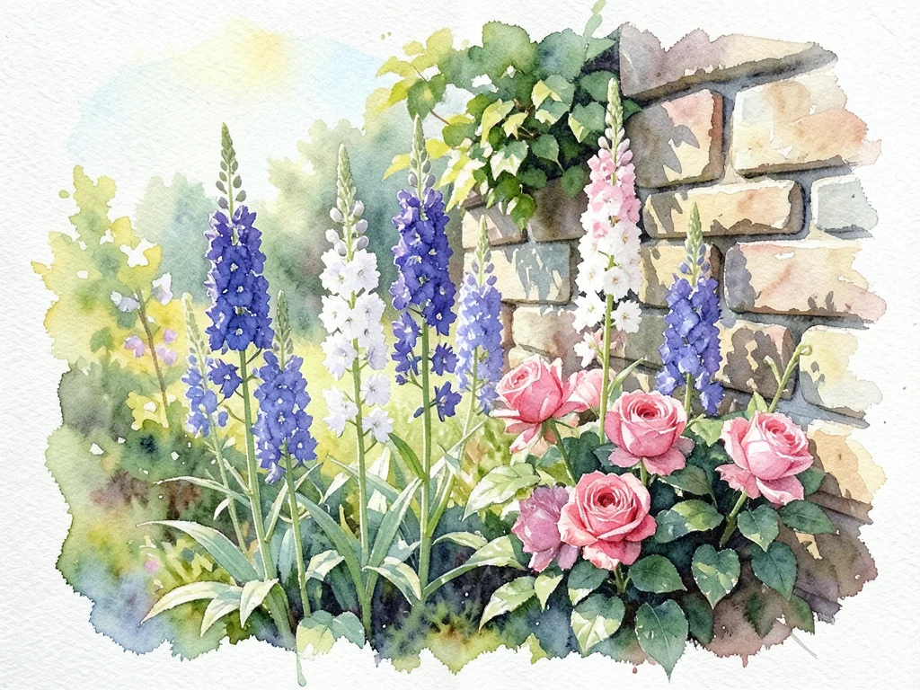 A cottage garden in summer, delphiniums and roses against a stone wall, loosely 
